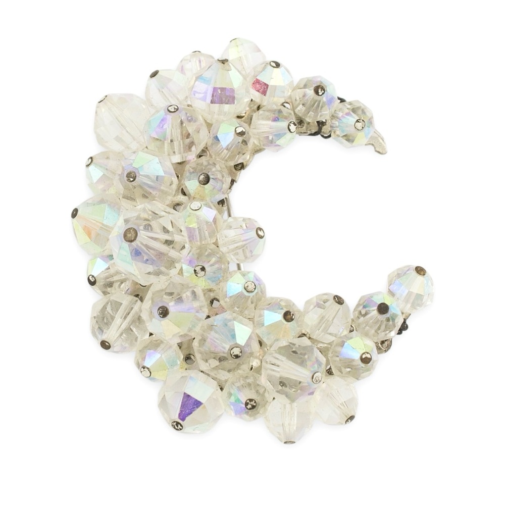 Vintage Crescent Moon Brooch with Iridescent Aurora Borealis Crystal Beads
